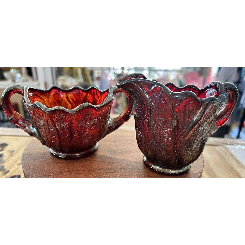 Imperial‎ Art Glass Acanthus Cream And Sugar Red Carnival Glass